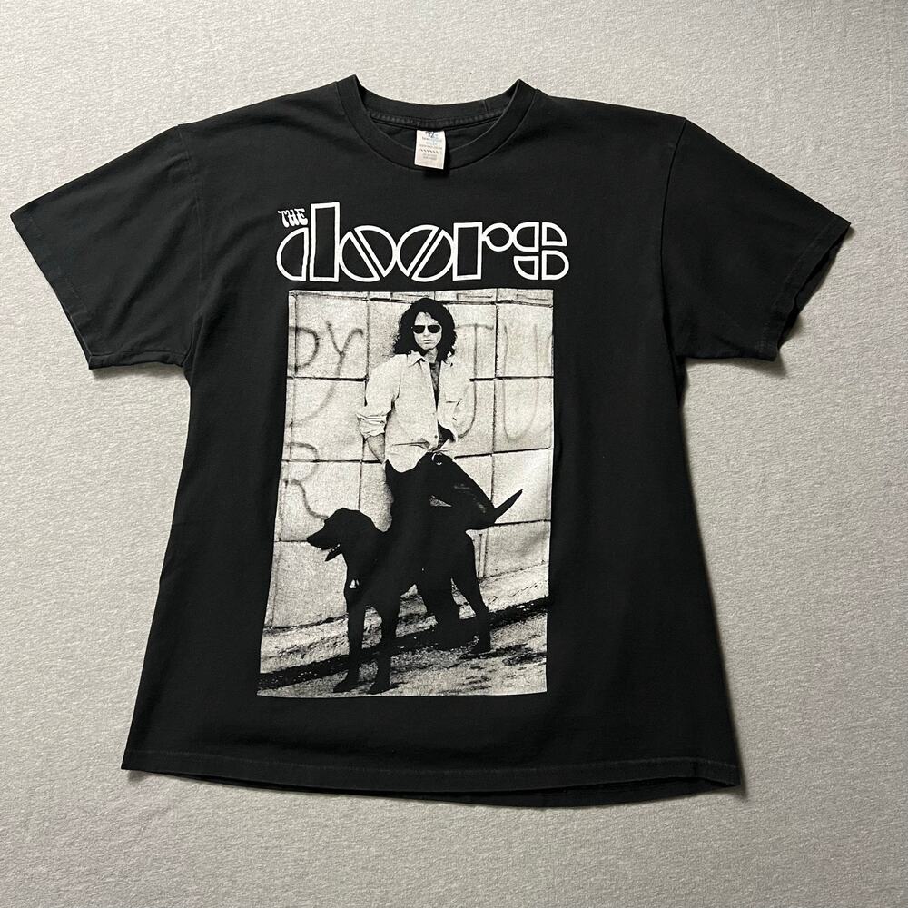 The Doors Graphic Tee Men's L Black Rock Band Cropped Y2K Retro Music Shirt
